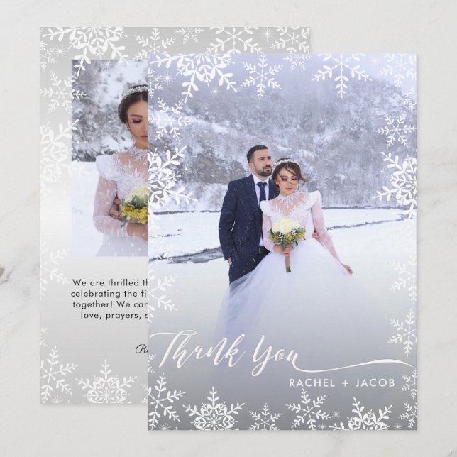 Carte De Remerciements Élégant Snowflakes & Script Mariage hivernal 2 pho (Devant / Derrière)
