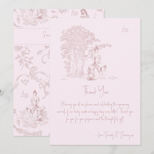 Carte De Remerciements Elegant Toile Rose Jouy Baby shower Demande de rés (Devant / Derrière)