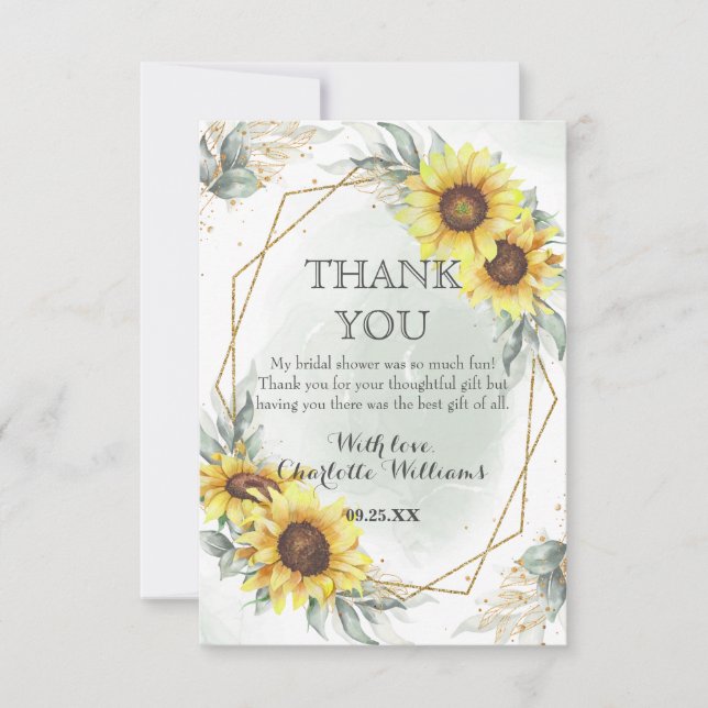 Carte De Remerciements Élégant Tournesol Aquarelle et Feuillage Baby Show (Devant)