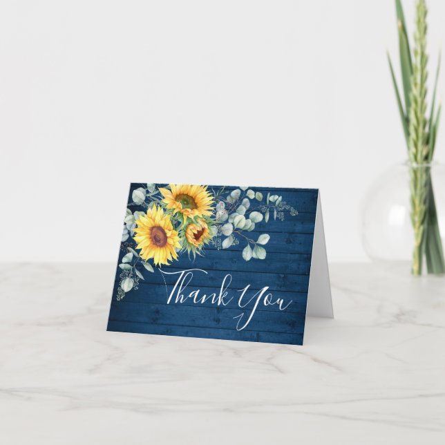 Carte De Remerciements Elégant Tournesol Eucalyptus Rustique Bleu Bois Th (Devant)