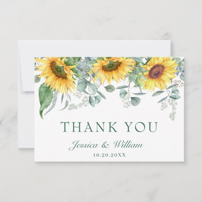 Carte De Remerciements Elégant tournesol Eucalyptus Rustique Mariage (Devant)