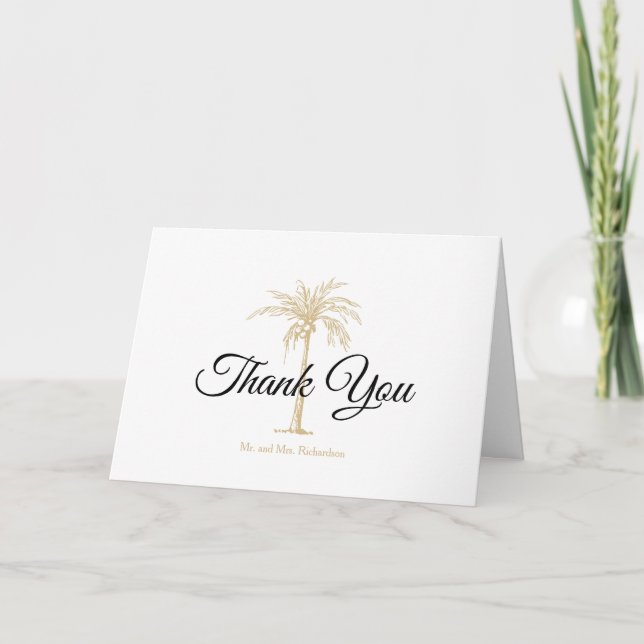 Carte De Remerciements Elégant Tropical Gold Palm Tree photo Mariage (Devant)