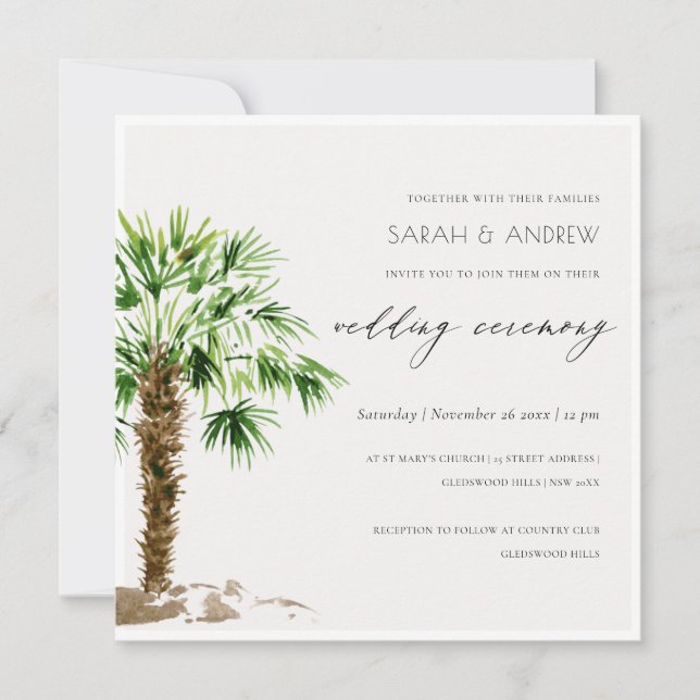 Carte De Remerciements Elegant Tropical Palm Watercolor Wedding Invite (Devant)