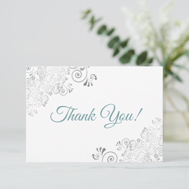 Carte De Remerciements Élégant Turquoise de fraises en argent sur Mariage (Debout devant)