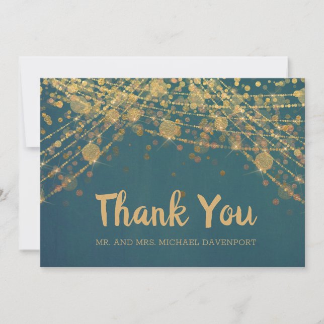 Carte De Remerciements Élégant Turquoise or String éclaire Bokeh Mariage (Devant)