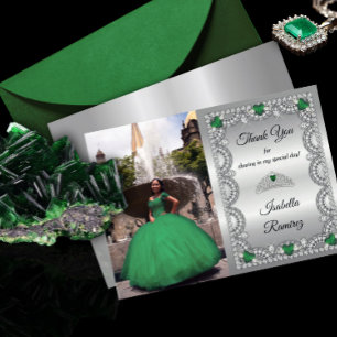 Carte De Remerciements Élégant vert émeraude   Diamond Crown Quinceañera