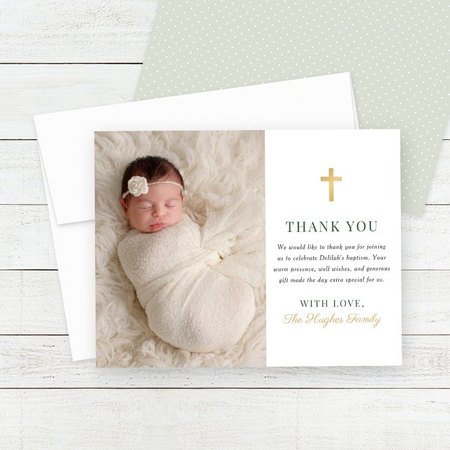 Carte De Remerciements Élégant vert et or bébé fille Baptême photo (Créateur téléchargé)
