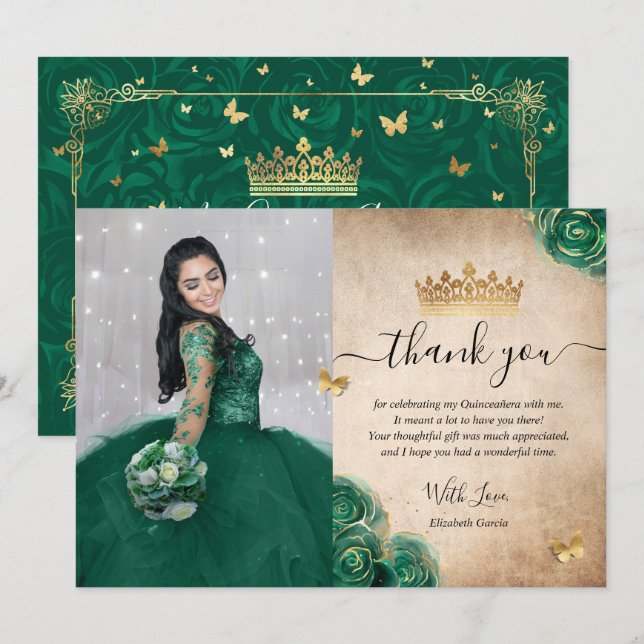 Carte De Remerciements Elégant Vert et Or Quinceañera Photo Anniversaire (Devant / Derrière)