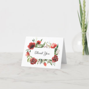 Carte De Remerciements Elégant vert rose rouge Aquarelle florale