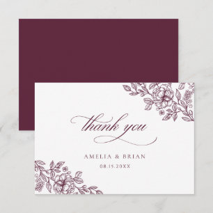 Carte De Remerciements Élégant Vintage Floral Bourgogne Script Mariage