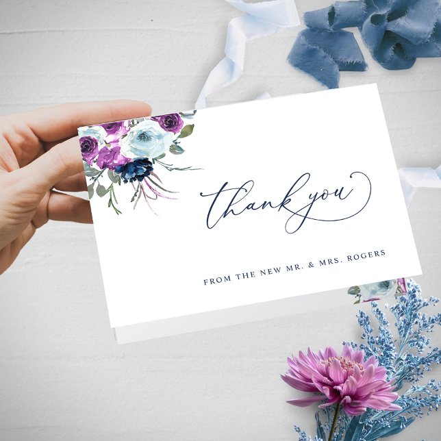 Carte De Remerciements Élégant violet et Mariage floral bleu plié (Créateur téléchargé)