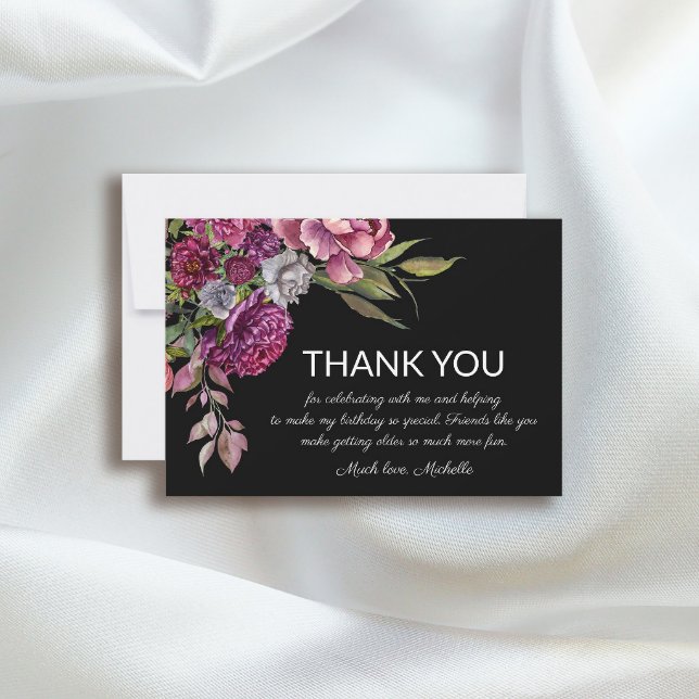 Carte De Remerciements Elégant violet rose rose floral noir Anniversaire (Créateur téléchargé)