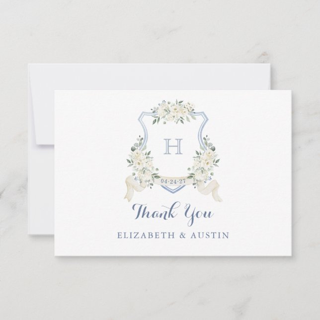 Carte De Remerciements Elegant White Floral Dusty Blue Wedding Crest (Devant)
