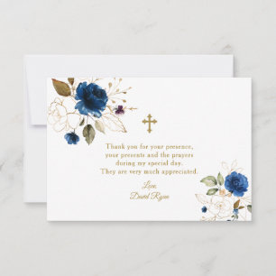 Carte De Remerciements Elégante aquarelle bleu Floral Or Confirmation