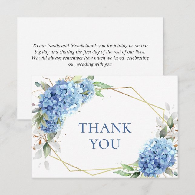 Carte De Remerciements Elégante aquarelle Bleu Hydrangée Fleurs Simple (Devant / Derrière)