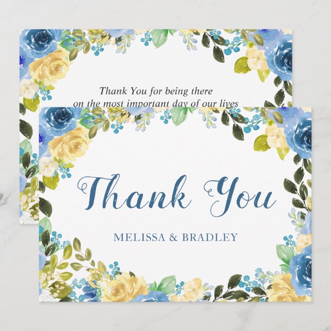 Carte De Remerciements Elégante aquarelle bleu rose jaune jardin mariage (Devant / Derrière)