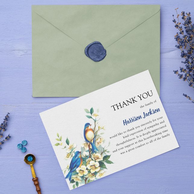 Carte De Remerciements Elégante aquarelle Bleu Tit & Blossom Funérailles (Créateur téléchargé)