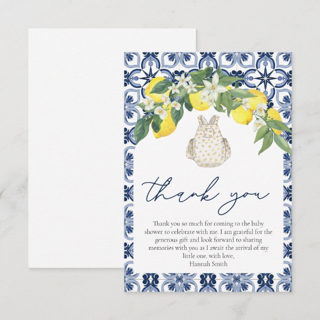 Carte De Remerciements Elégante aquarelle Citron Positano Baby shower (Devant / Derrière)
