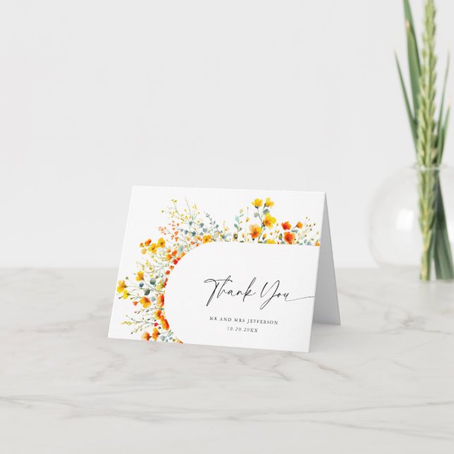 Carte De Remerciements Elégante aquarelle Fleurs sauvages Mariage botaniq (Devant)