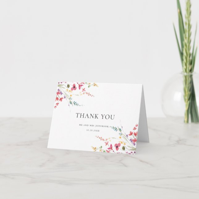 Carte De Remerciements Elégante aquarelle Fleurs sauvages Mariage floral (Devant)