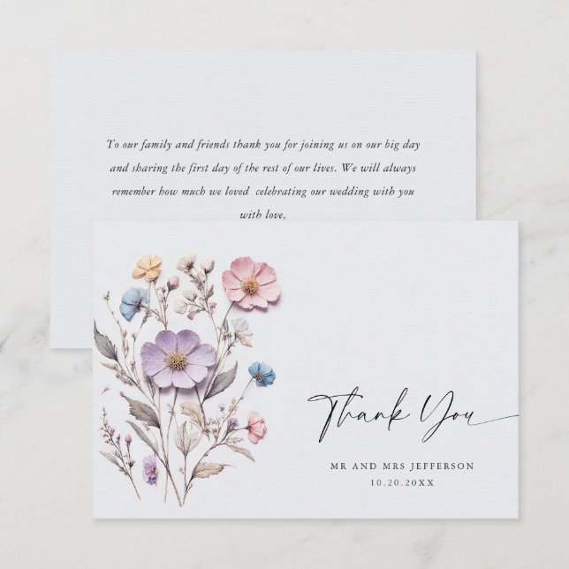 Carte De Remerciements Elégante aquarelle Fleurs sauvages Mariage floral (Devant / Derrière)