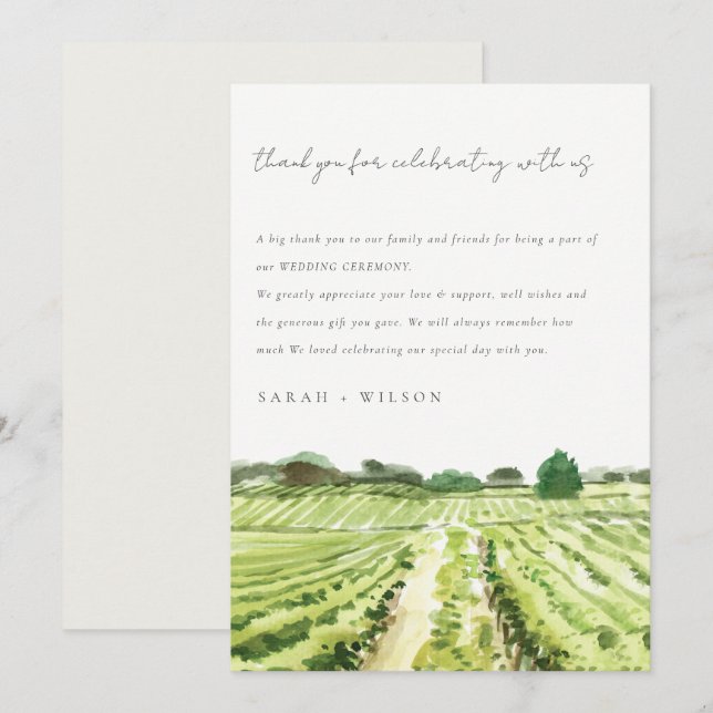 Carte De Remerciements Elégante aquarelle Green Winery Vignoble Mariage (Devant / Derrière)