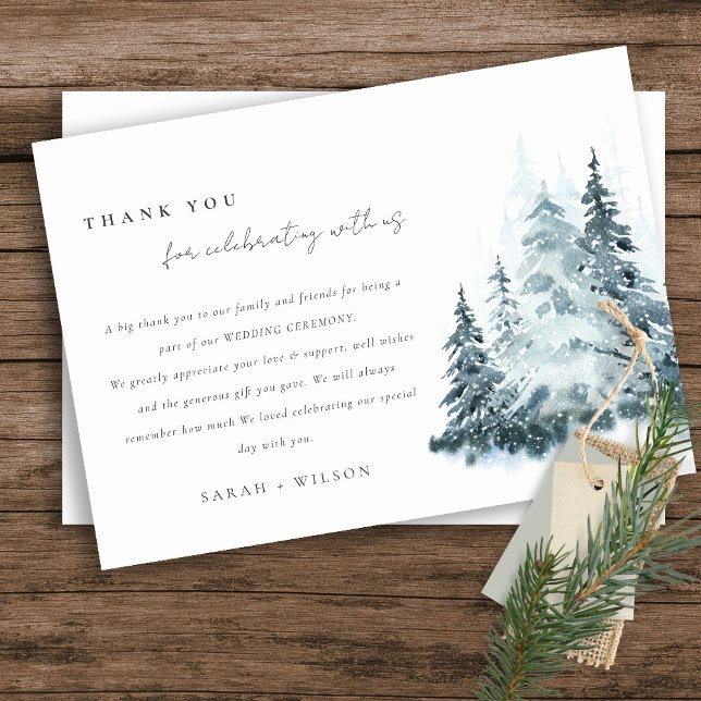 Carte De Remerciements Elégante aquarelle neige hiver Mariage de pin (Créateur téléchargé)