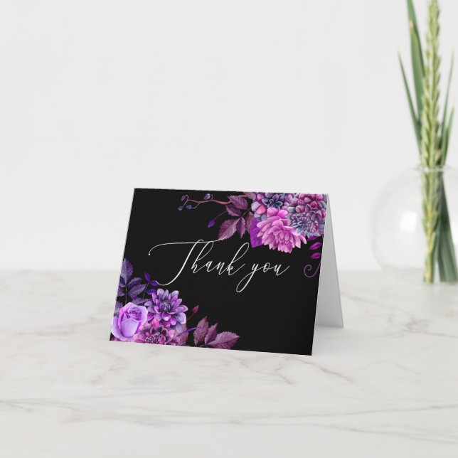 Carte De Remerciements Elégante aquarelle noir violet anniversaire floral (Devant)