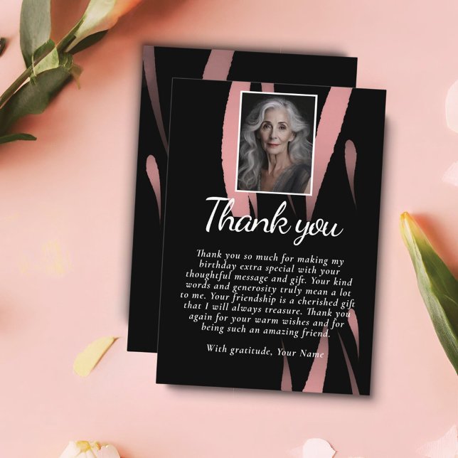 Carte De Remerciements Elégante aquarelle noire rose 70e anniversaire Pho (Créateur téléchargé)