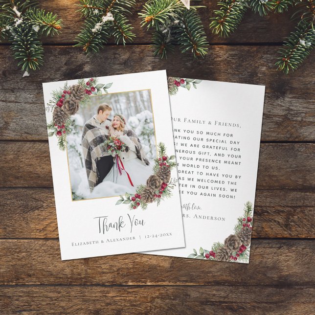 Carte De Remerciements Elégante aquarelle Pine Mariage d'hiver Photo (Créateur téléchargé)