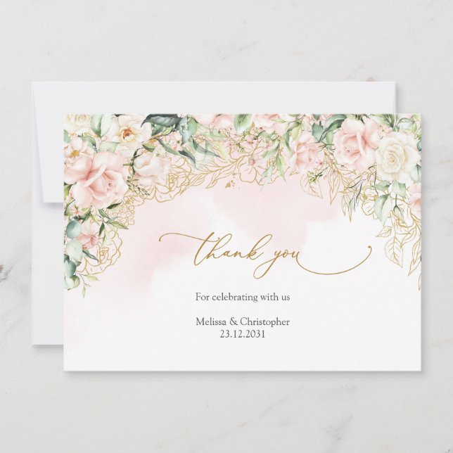 Carte De Remerciements Elégante aquarelle rose clair rose mariage or (Devant)
