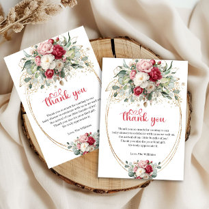 Carte De Remerciements Élégante Baby Shower Fleurs de Bourgogne Rose Doré