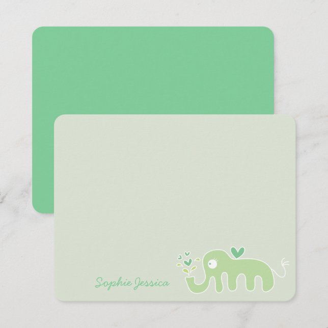 Carte De Remerciements Élégante Baby Shower Garçon Fille Éléphant Vert Fa (Devant / Derrière)