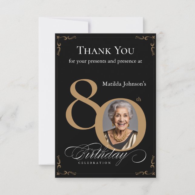 Carte De Remerciements Elégante Black Gold Photo 80e fête d'anniversaire (Devant)