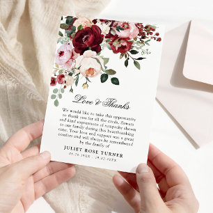 Carte De Remerciements Elégante Bourgogne & Aquarelle Blush Funérailles f