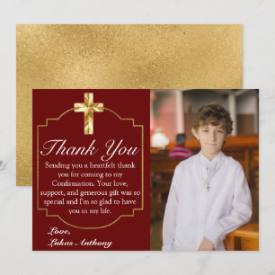 Carte De Remerciements Élégante Bourgogne Gold Cross Confirmation Photo