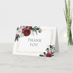 Carte De Remerciements Élégante Bourgogne Hiver Rose verdure