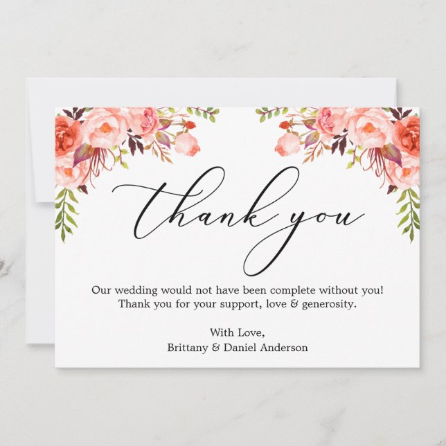 Carte De Remerciements Élégante calligraphie Aquarelle Corail Floral (Devant)