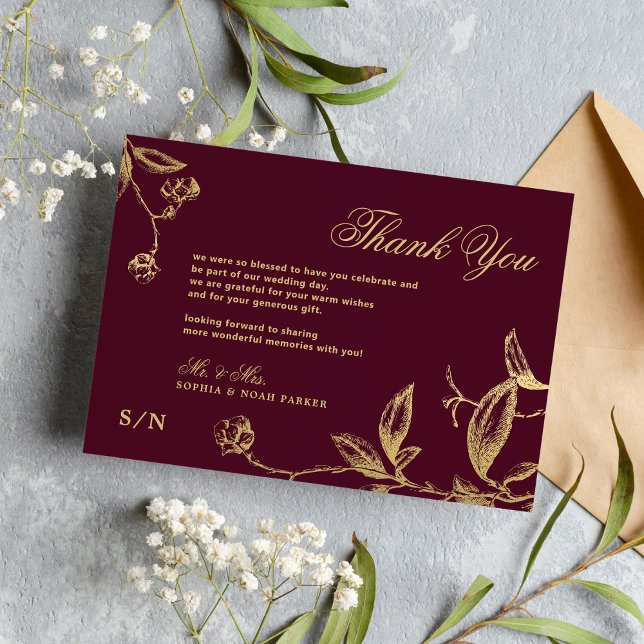 Carte De Remerciements Élégante calligraphie or floral bordeaux mariage (Créateur téléchargé)