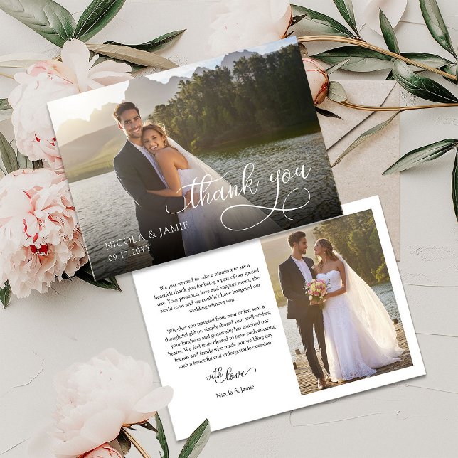 Carte De Remerciements Élégante Calligraphie superposition Moderne 2 Mari (Horizontal Wedding Photo Thank You Card with elegant modern calligraphy overlay and 2 photos)