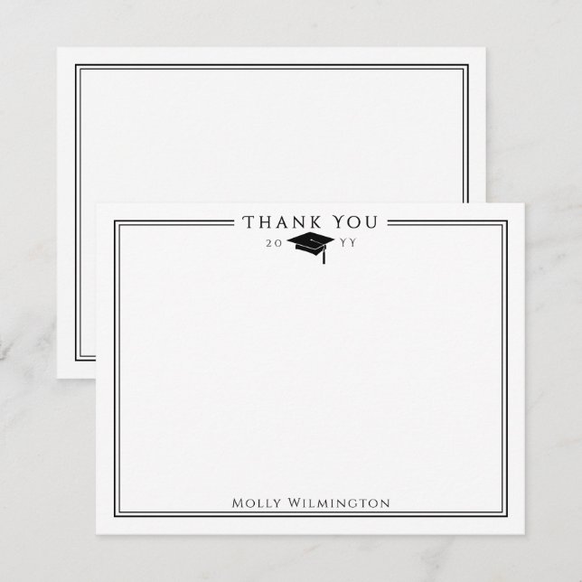Carte De Remerciements Élégante casquette de graduation & Tassel noir & b (Devant / Derrière)