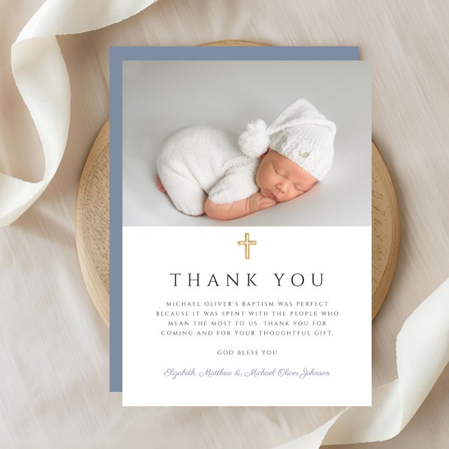 Carte De Remerciements Elégante Croix Bleue Dusty Boy Baptism Photo (Elegant Dusty Blue Cross Boy Baptism Photo Thank You Card)