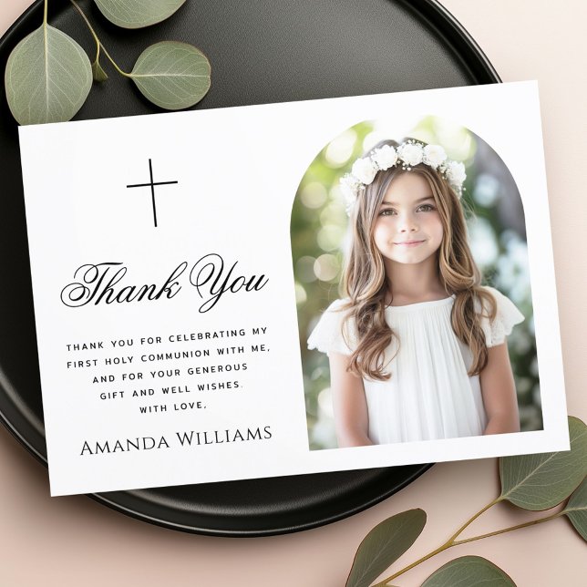 Carte De Remerciements Elégante croix de l'arc de la première sainte comm (Elegant arch photo cross First Holy Communion Thank You Card)