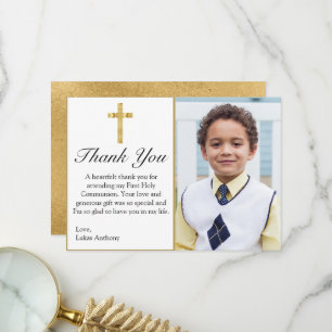 Carte De Remerciements Élégante Croix d'or simple Première communion sain
