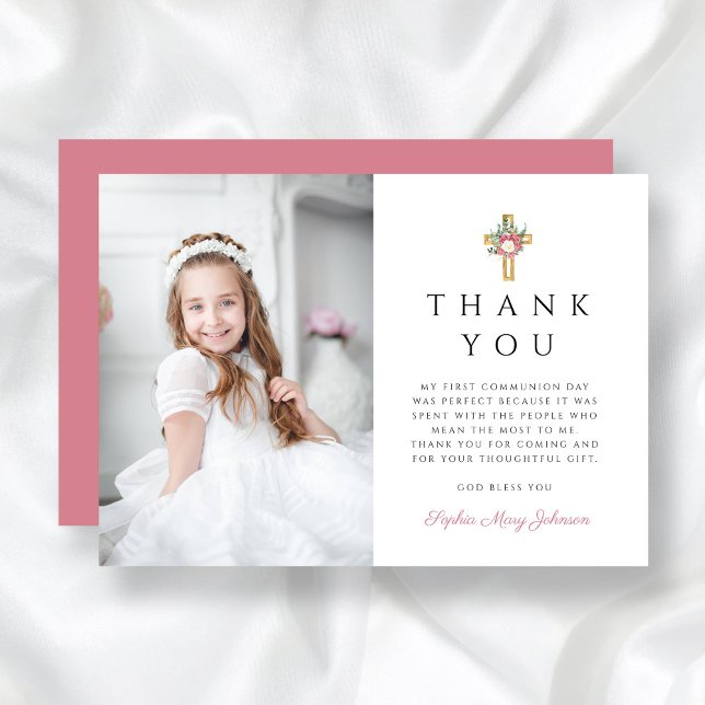 Carte De Remerciements Elégante Croix Florale Première Communion Fille (Elegant Floral Cross Girl First Communion Thank You Card)