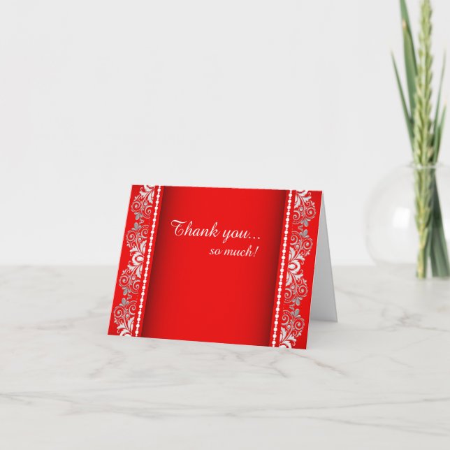 Carte De Remerciements Elégante dentelle rouge, blanche et argent | do-it (Devant)