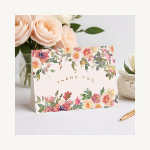 Carte De Remerciements Élégante douche de mariée florale rose et or