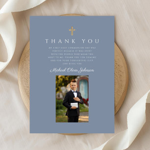 Carte De Remerciements Elégante Dusty Blue Catholique Boy First Communion