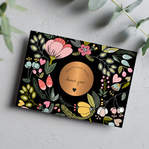 Carte De Remerciements Élégante entreprise florale noire et rose pastel