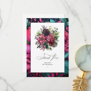 Carte De Remerciements Élégante Félicité Florale Fuchsia et Émeraude